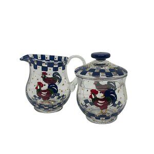 VTG Lenox Hand Painted Rooster Sugar & Creamer Set Farmhouse Kitchen 4.5" READ